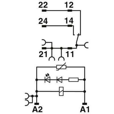 Diagram of a relay circuit diagram with terminals 21, 22, 24, 11, 12, 14 and an electrical circuit between A1 and A2.