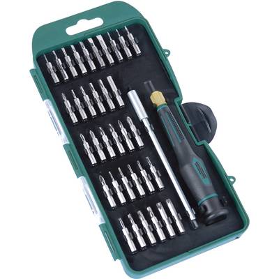 A screwdriver set with various interchangeable tips in an open green box, suitable for different types of screws.