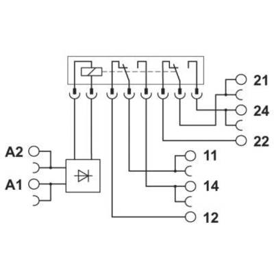 Circuit diagram of a relay module with one coil and four switching contacts. Inputs A1, A2; Outputs 11, 12, 14, 21, 22, 24.