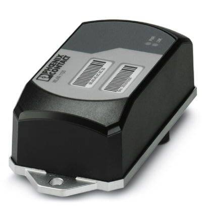 A black electronic device from Phoenix Contact with barcodes on the top surface, used for monitoring and data logging.