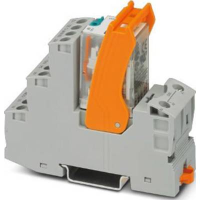A grey relay module with an orange lever, mounted on a DIN rail, for electrical control in control panels.