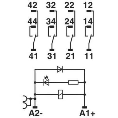 'Electrical circuit diagram with four relays, numbered 42, 32, 22, 12. Below, the plan shows a diode circuit between A2- and A1+.'