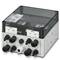 A grey, rectangular distribution box with several black connectors and a transparent lid revealing electronic components.