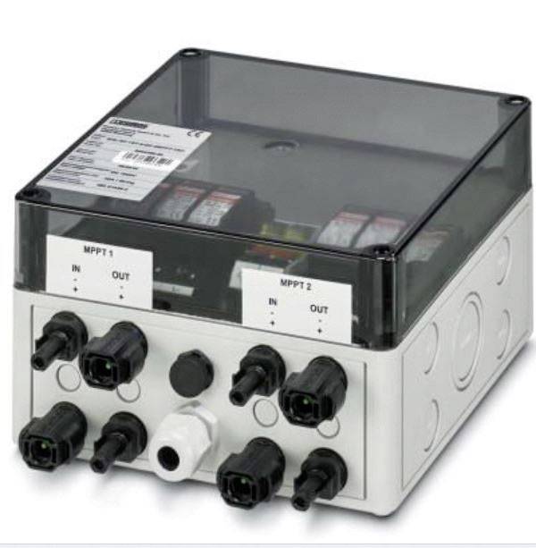 Electrical distribution box with a transparent cover, multiple plug connections, and two marked sections labelled 'MPPT1' and 'MPPT2'.