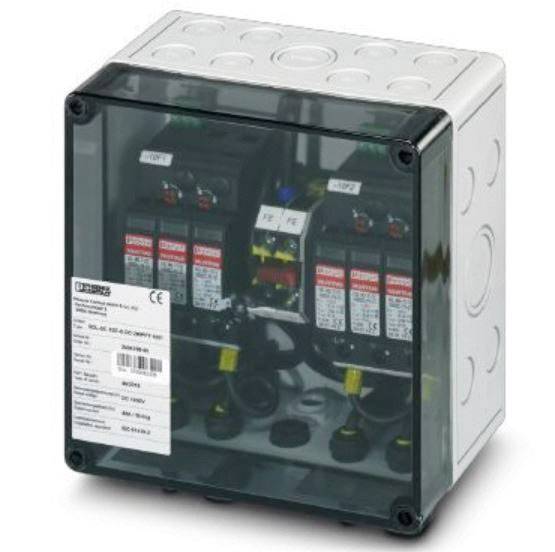 A grey, rectangular plastic enclosure with a transparent lid reveals internal electrical components and labels with technical data.