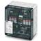 A grey, rectangular plastic enclosure with a transparent lid reveals internal electrical components and labels with technical data.