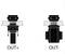 Diagram shows two valves labelled 'OUT+' and 'OUT-'. 'OUT+' has arrows pointing downwards, 'OUT-' has no arrows.