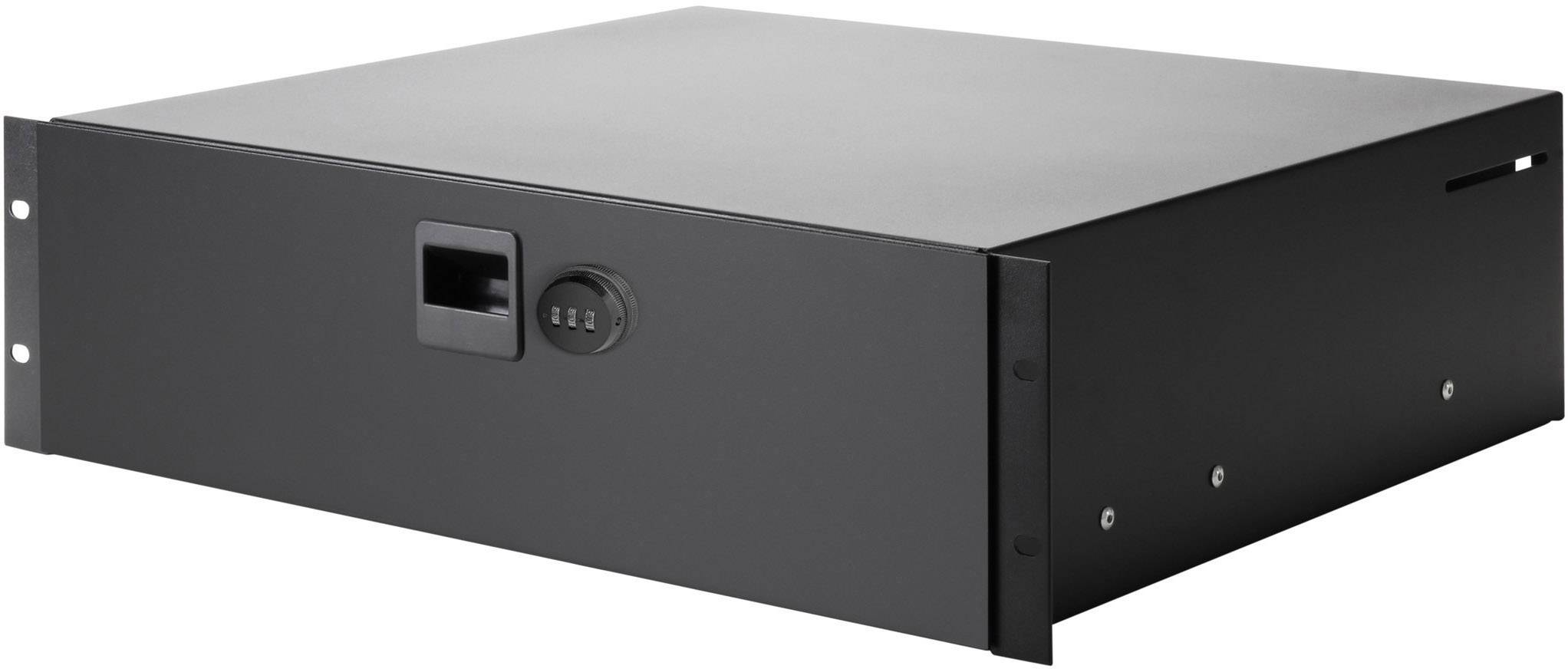 A black 19-inch rack enclosure. It has two side mounting holes for installation in a server cabinet.