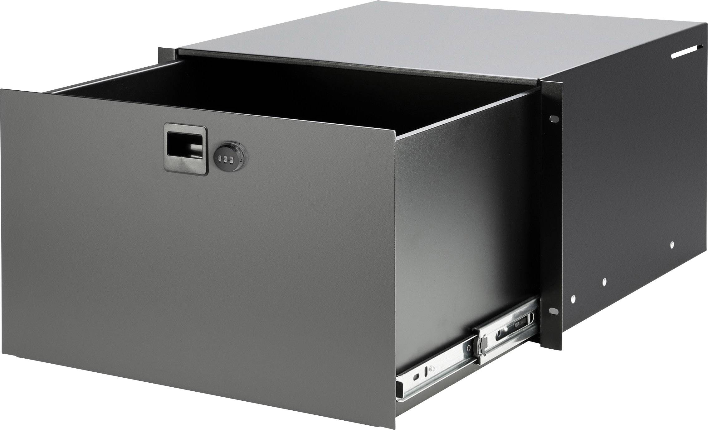 Black metal drawer, slightly open, with sliding mechanism. Suitable for storage in offices or workshops.