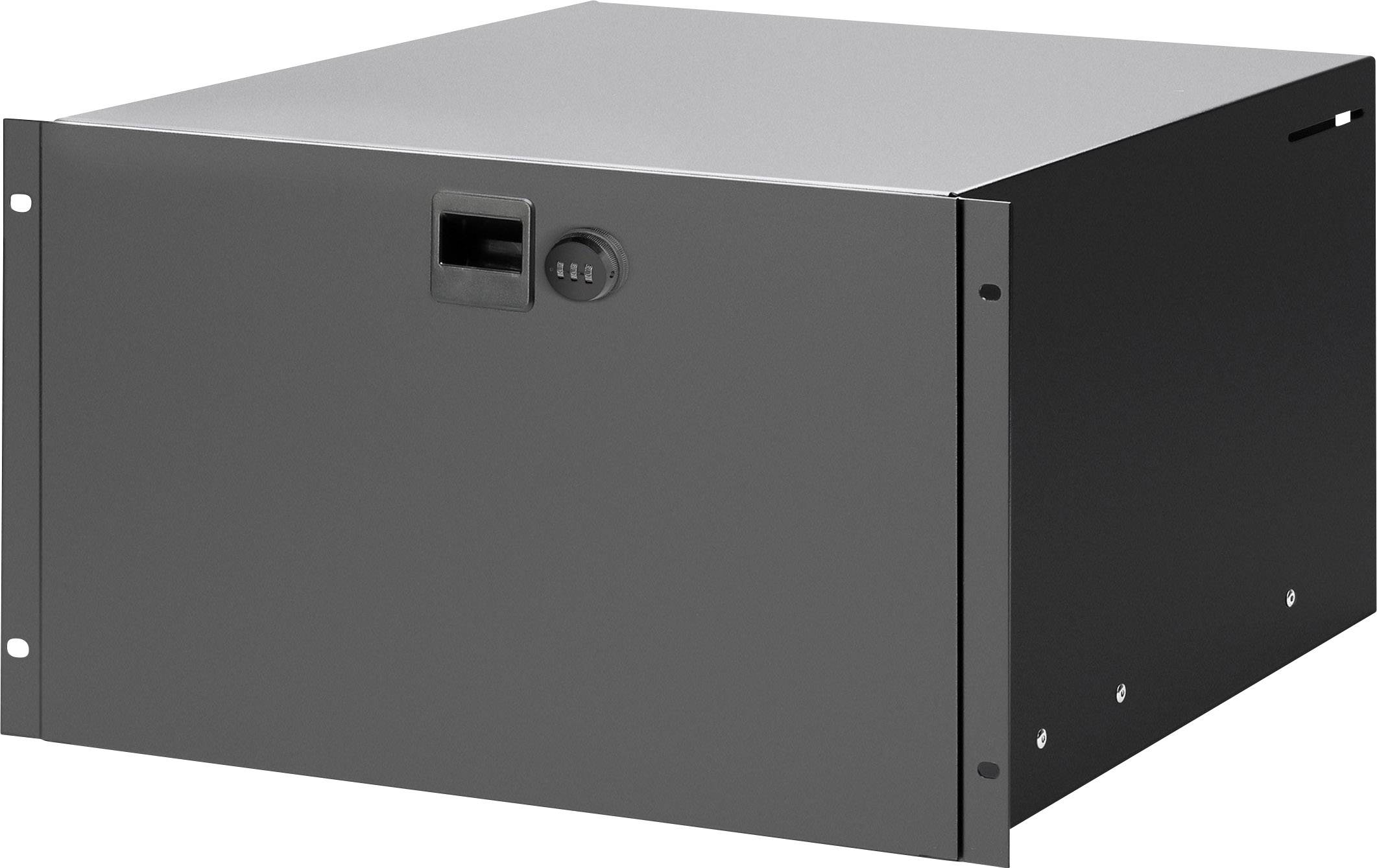 A black, rectangular metal enclosure with a door and a combination lock on the front, suitable for secure storage.