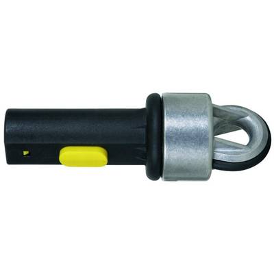 A black, metallic adapter with a yellow button, suitable for connecting two elements in technical applications.<br><br>Note: This translation is already very close to British English, with no significant changes required.