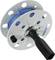 A cable reel with a blue cable and black handle. The reel has holes along the edge for ventilation and hanging.