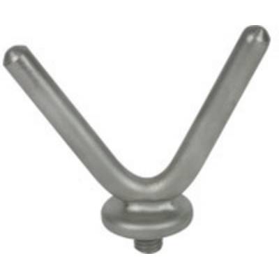 V-shaped metal bracket with a round base and threaded screw underneath. It is used for fixing or supporting.