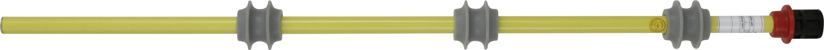 Yellow cable with multiple grey mounting brackets and a red end that resembles a connector.