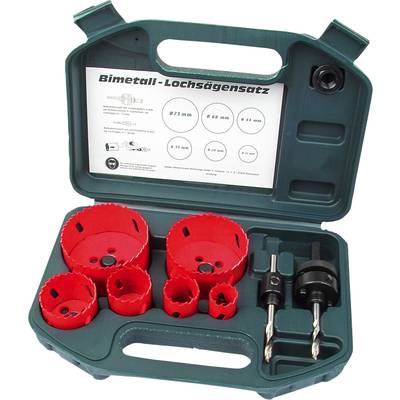 Case of bi-metal hole saw set, containing various sized red hole saws and drill holders, suitable for wood and metals.
