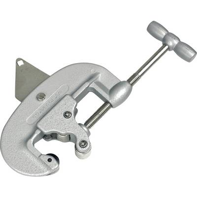 A silver metal pipe cutting tool with a rotatable handle surface and cutting mechanism, designed for pipe processing.