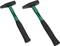 Two green hammers with black handles and heads are lying side by side on a white background.