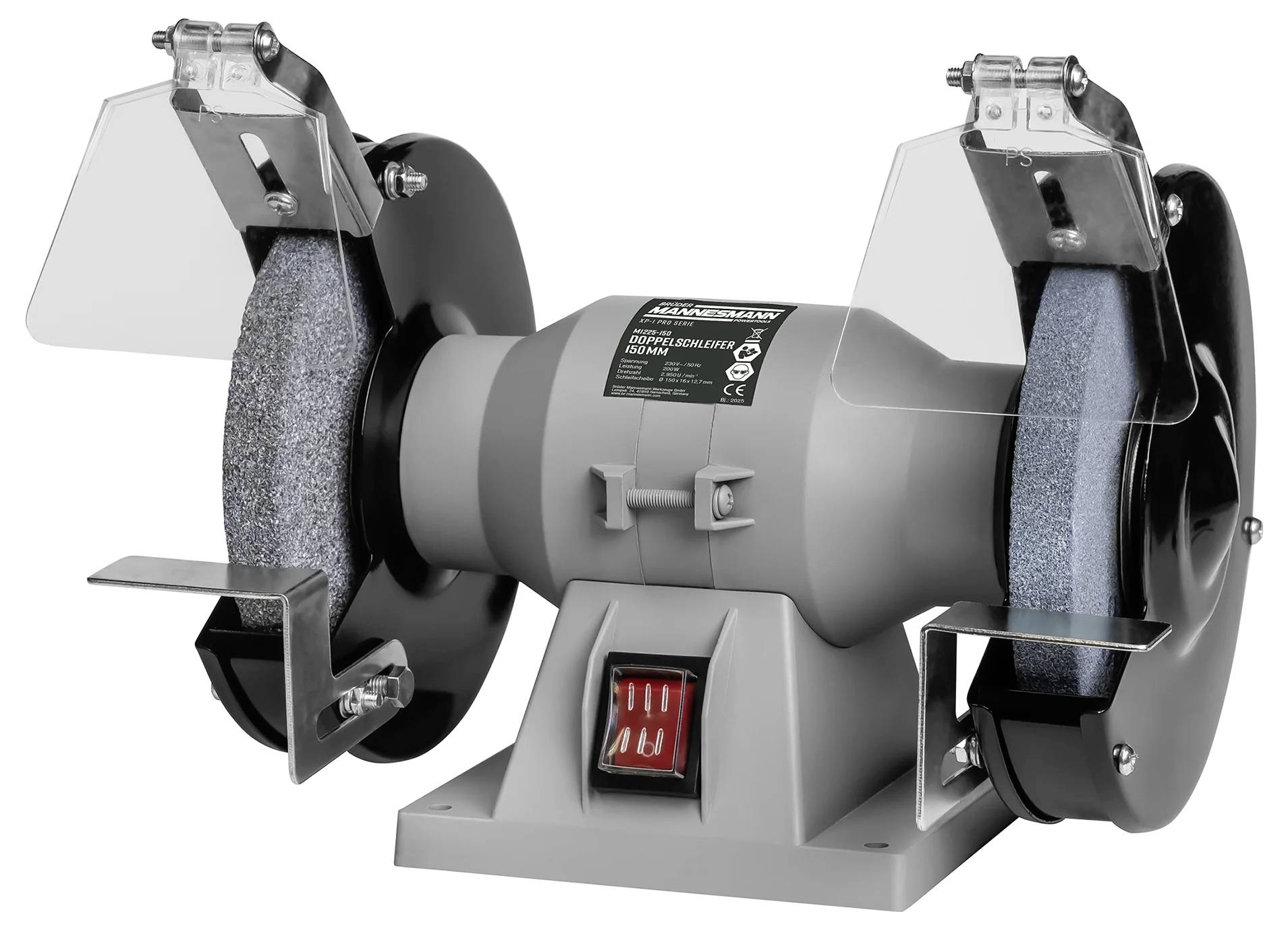 A gray bench grinder with two abrasive wheels and transparent safety shields on each side. A red power switch is centered at the base.