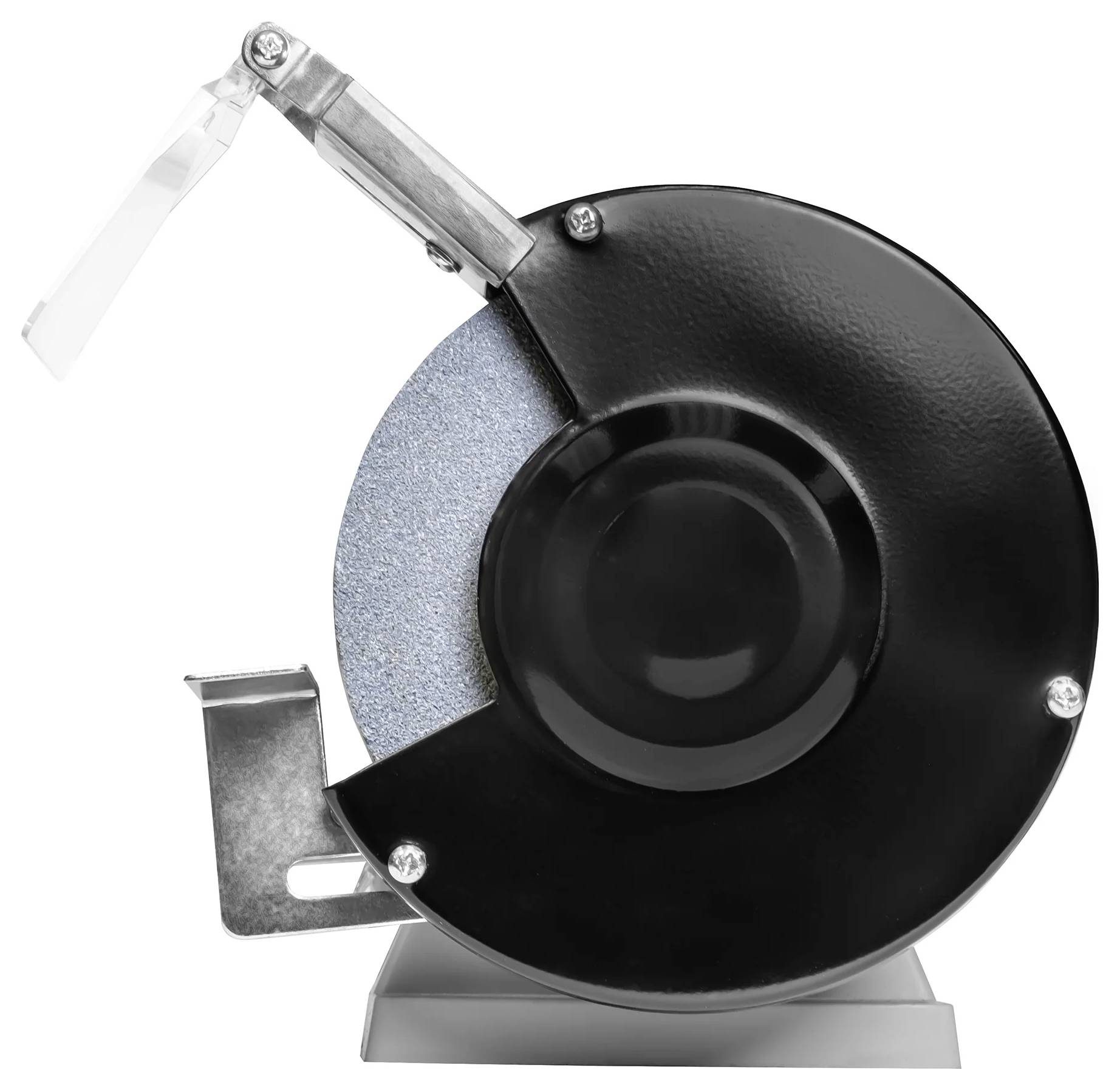 A bench grinder with a black protective cover on one wheel, a silver mounting bracket, and a protective shield.