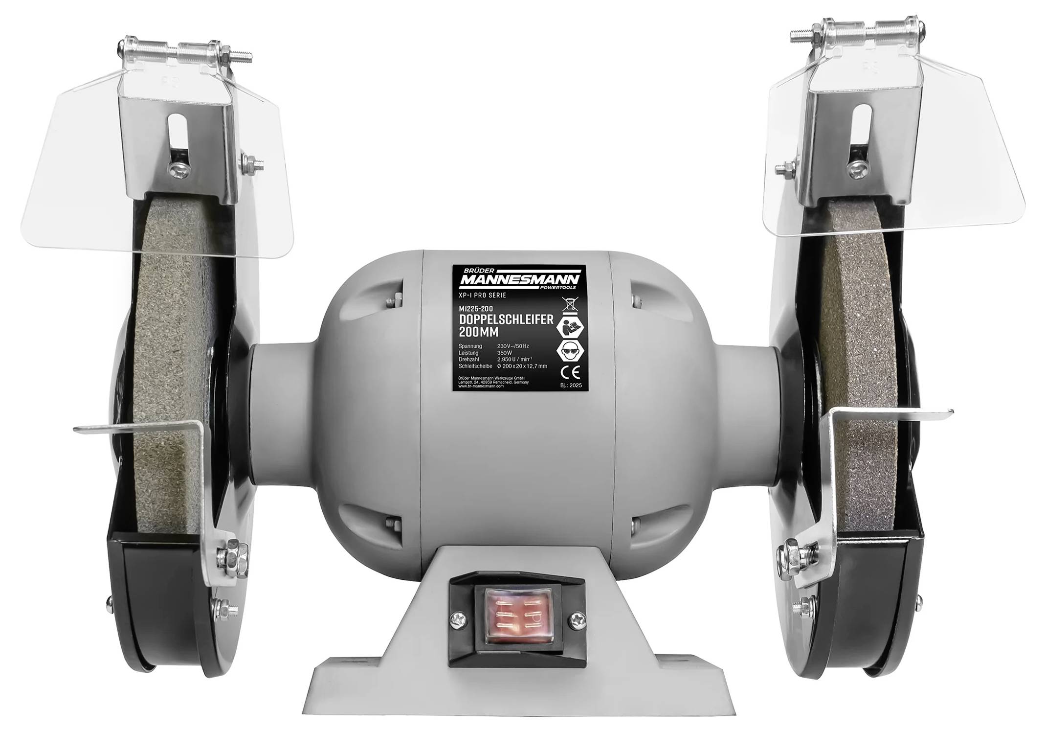 A gray bench grinder with two grinding wheels and protective shields. The central label displays model information. Power switch below.