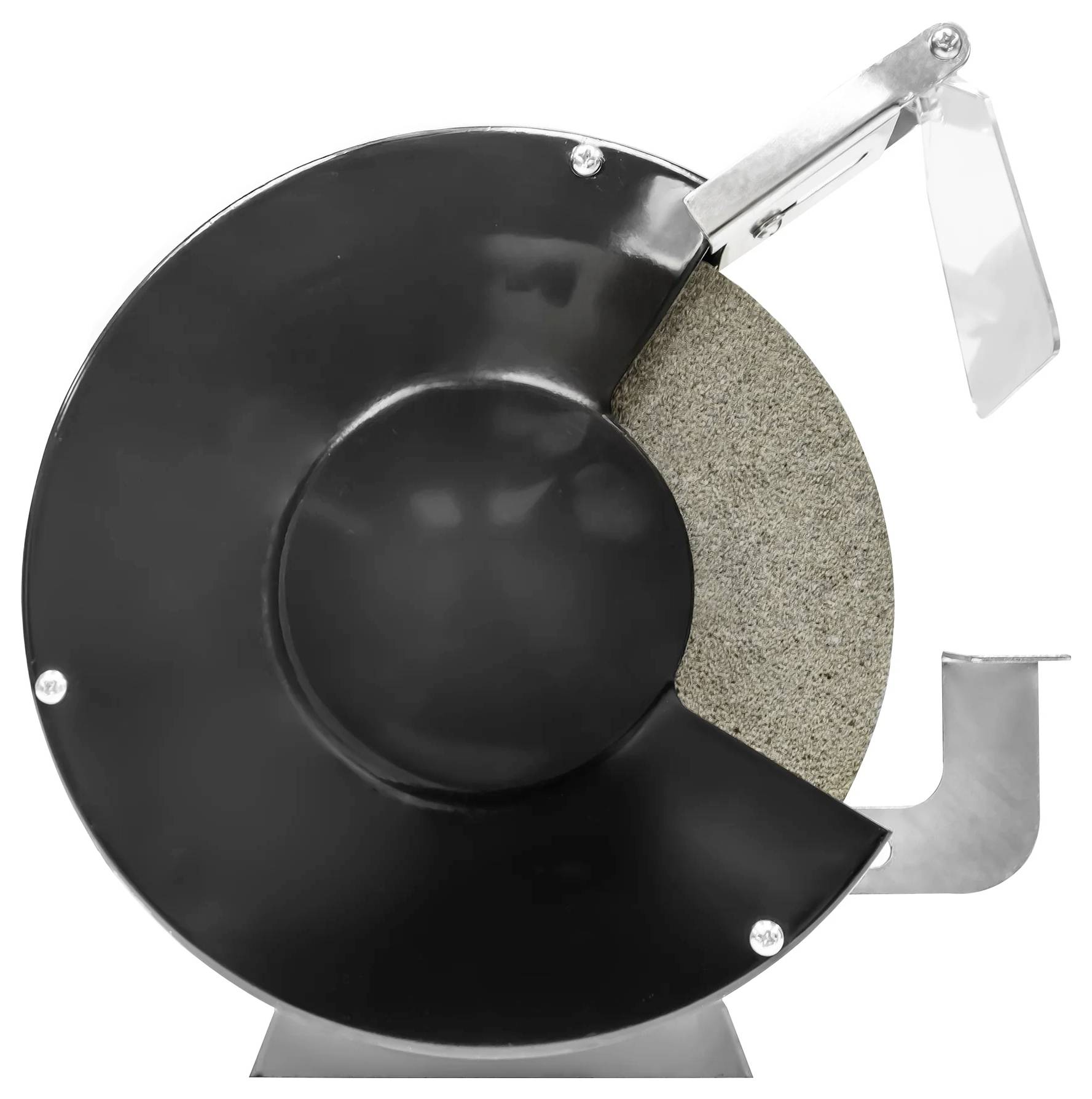 A close-up view of an industrial grinding wheel partially enclosed in a black protective casing, used for sharpening or shaping tools.