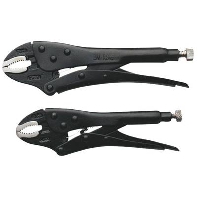 Two black locking pliers side by side, with serrated jaws and adjustable screws, for securing various objects.