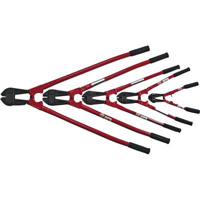 A selection of bolt cutters in various sizes, with red handles and black heads, arranged side by side.