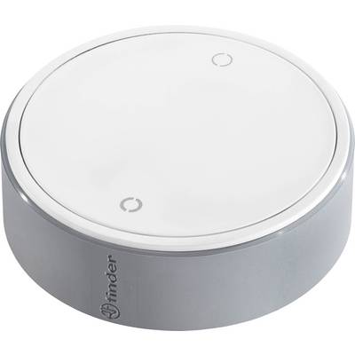 A round, white switch with two small symbols on the surface. The switch has a silver border.