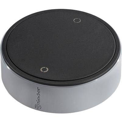 A round, black, sensor-controlled dimmer from Finder with a silver border, suitable for controlling light intensity.