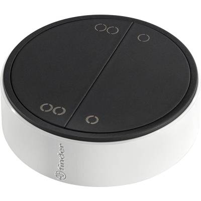 Black, round thermostat control with minimalist symbols on a white base.