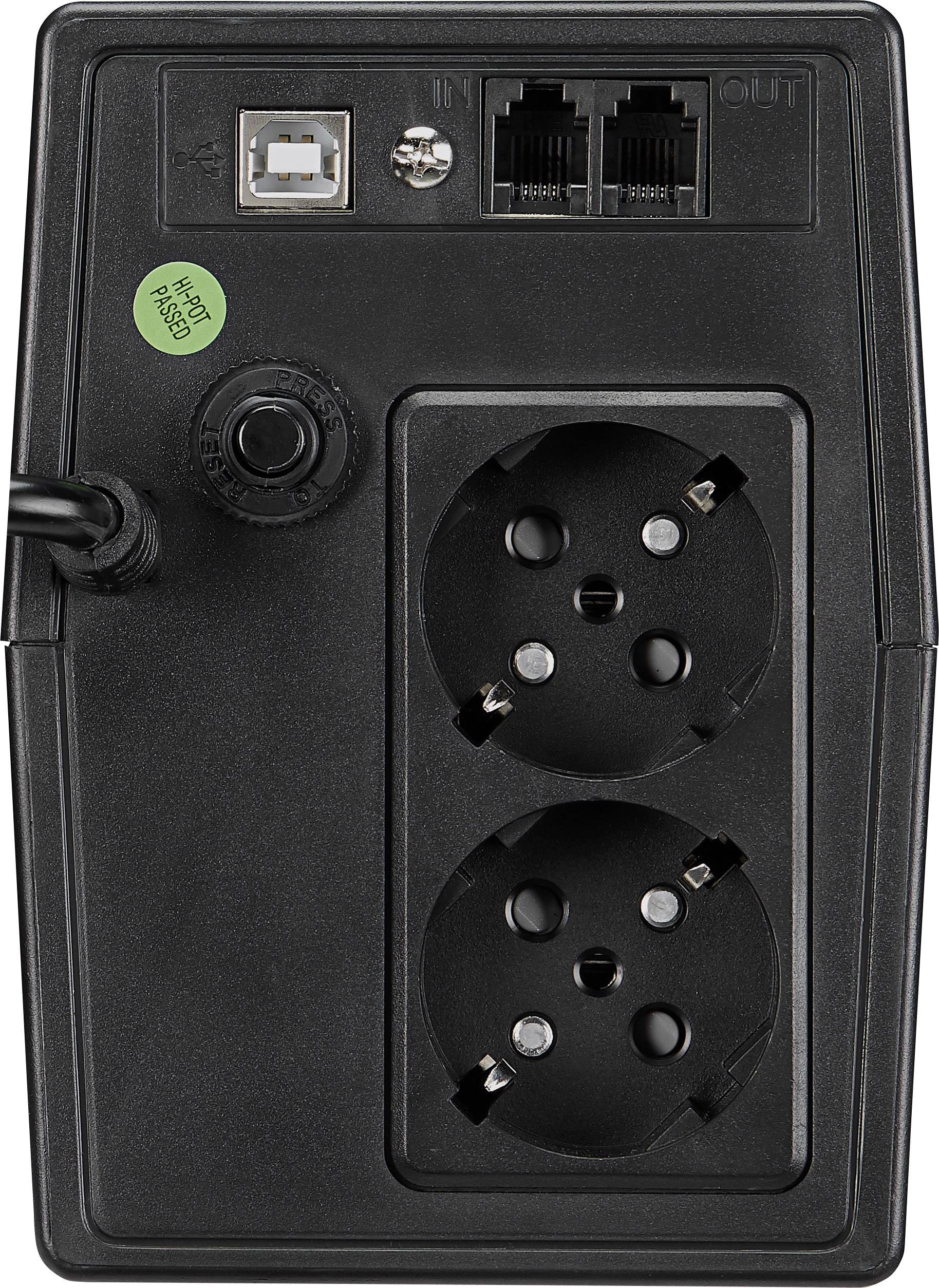 'Power plug with two sockets and three connections, including USB and LAN. Black casing, suitable for household appliances.'