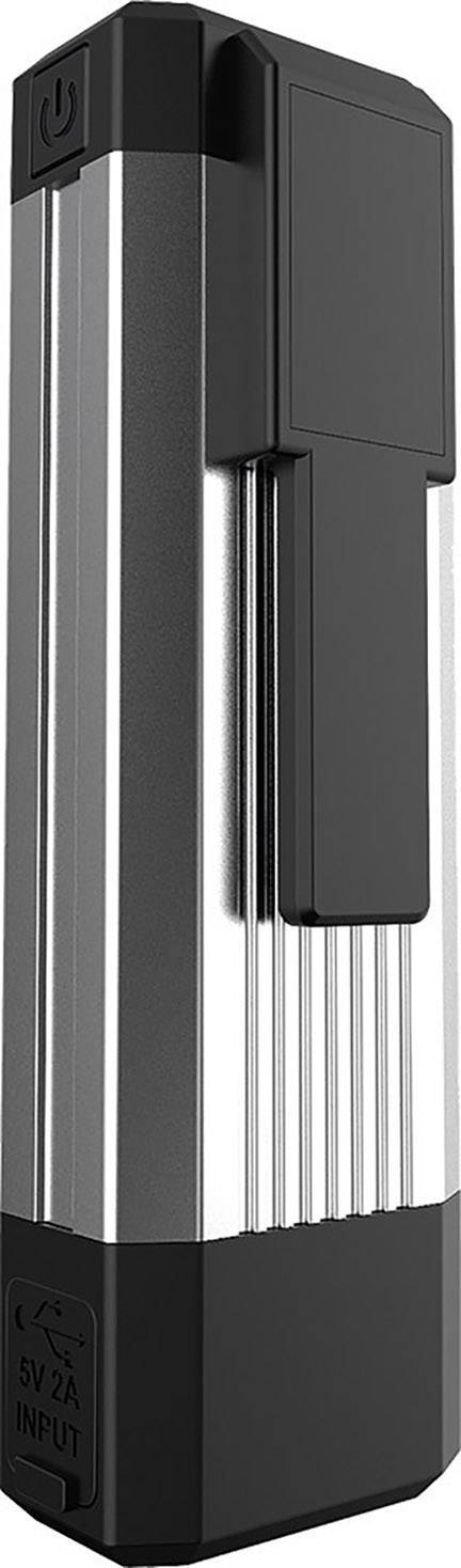 Portable power bank with black and silver casing, USB port and power button on top.