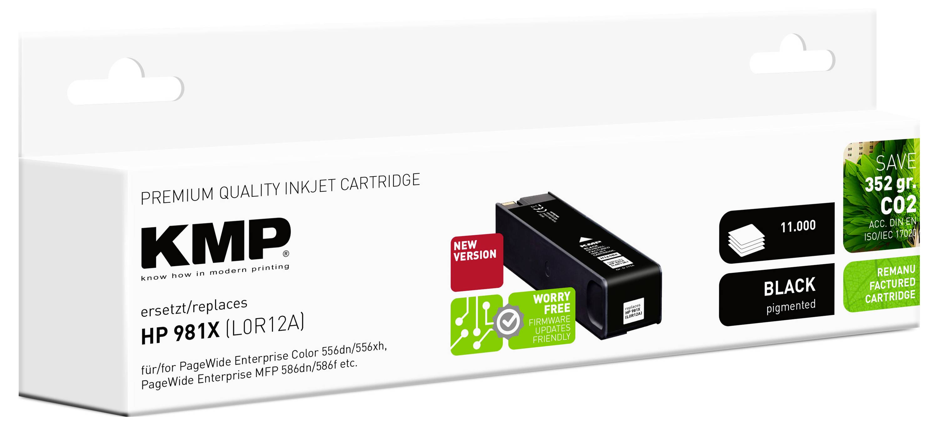 KMP premium quality inkjet cartridge packaging, replacing HP 981X (L0R12A), 'Black', eco-friendly, yields 11,000 pages, reduces CO2.
