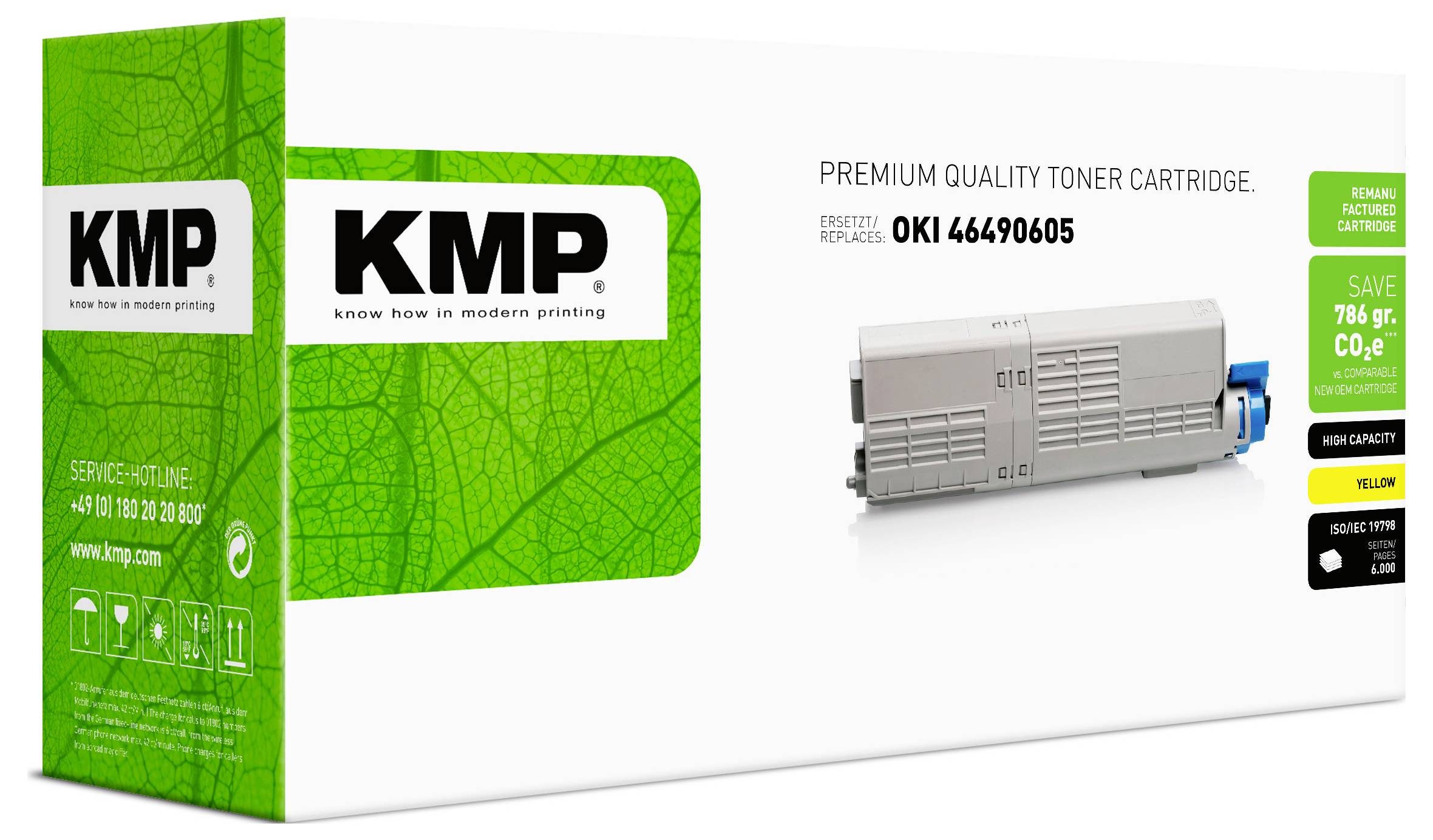 KMP premium quality toner cartridge packaging for OKI 46490605, shown as a green-and-white box with the cartridge image and recycling labels.