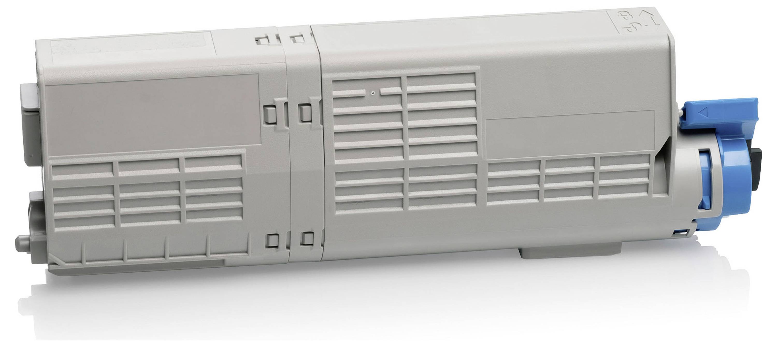 Gray printer toner cartridge with blue end cap, shown on a white background.