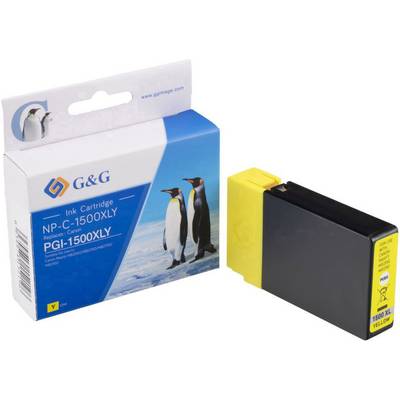 'Ink cartridge G&G NP-C-1500XLY for printer. Yellow, Model PGI-1500XLY. Packaging displays penguin image.'