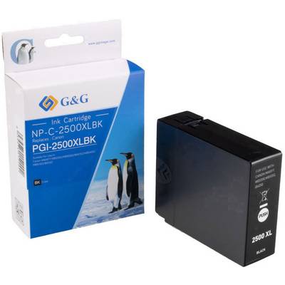 Ink cartridge NP-C-2500XLBK for printers, replaces Canon PGI-2500XL BK. Packaging features two penguins against a blue background.