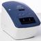 A blue and white label printer with a control panel on the top side. Designed for home or office use.