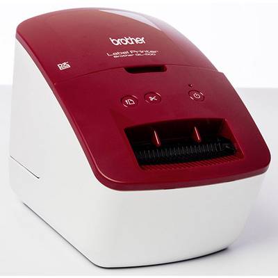 A red label printer displays control elements at the top and a label insertion slot in a compact, modern design.