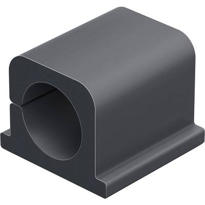 A grey, rectangular plastic pipe clamp device, used for securing pipes or rods.