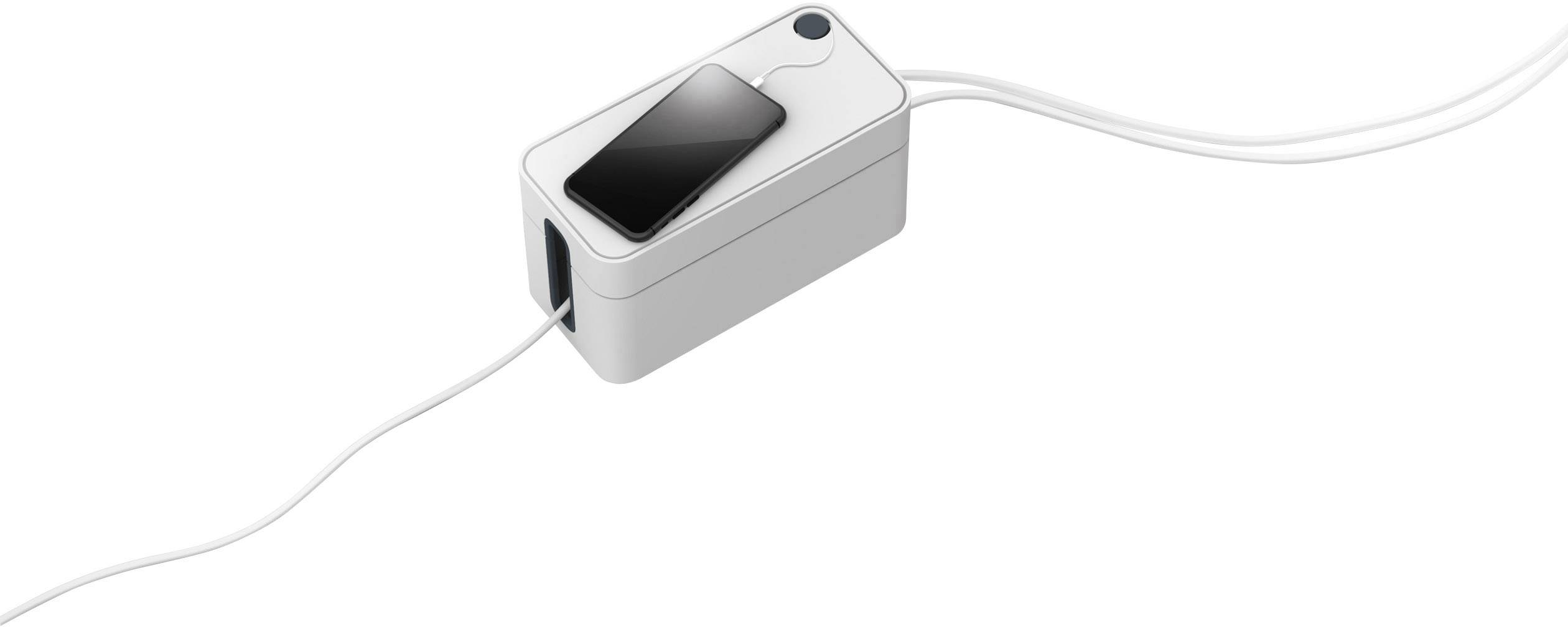 A white cable organiser with a cable coiled inside. A black smartphone rests on top. It is designed in a minimalist style.