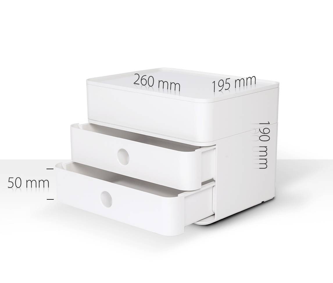 A white plastic storage box with two pull-out drawers. Dimensions: 260 mm length, 195 mm width, 190 mm height.