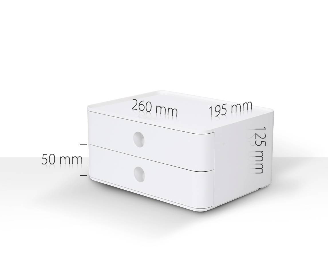 A white, rectangular container with two drawers. The dimensions are: width 260 mm, depth 195 mm, height 125 mm, drawer height 50 mm.