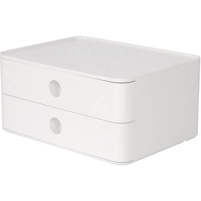 A white storage container with two drawers, simple design, ideal for office or home for organising small items.
