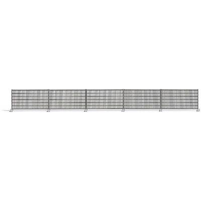 A long, black metal fence stands in a row. The fence is composed of vertical and horizontal struts.