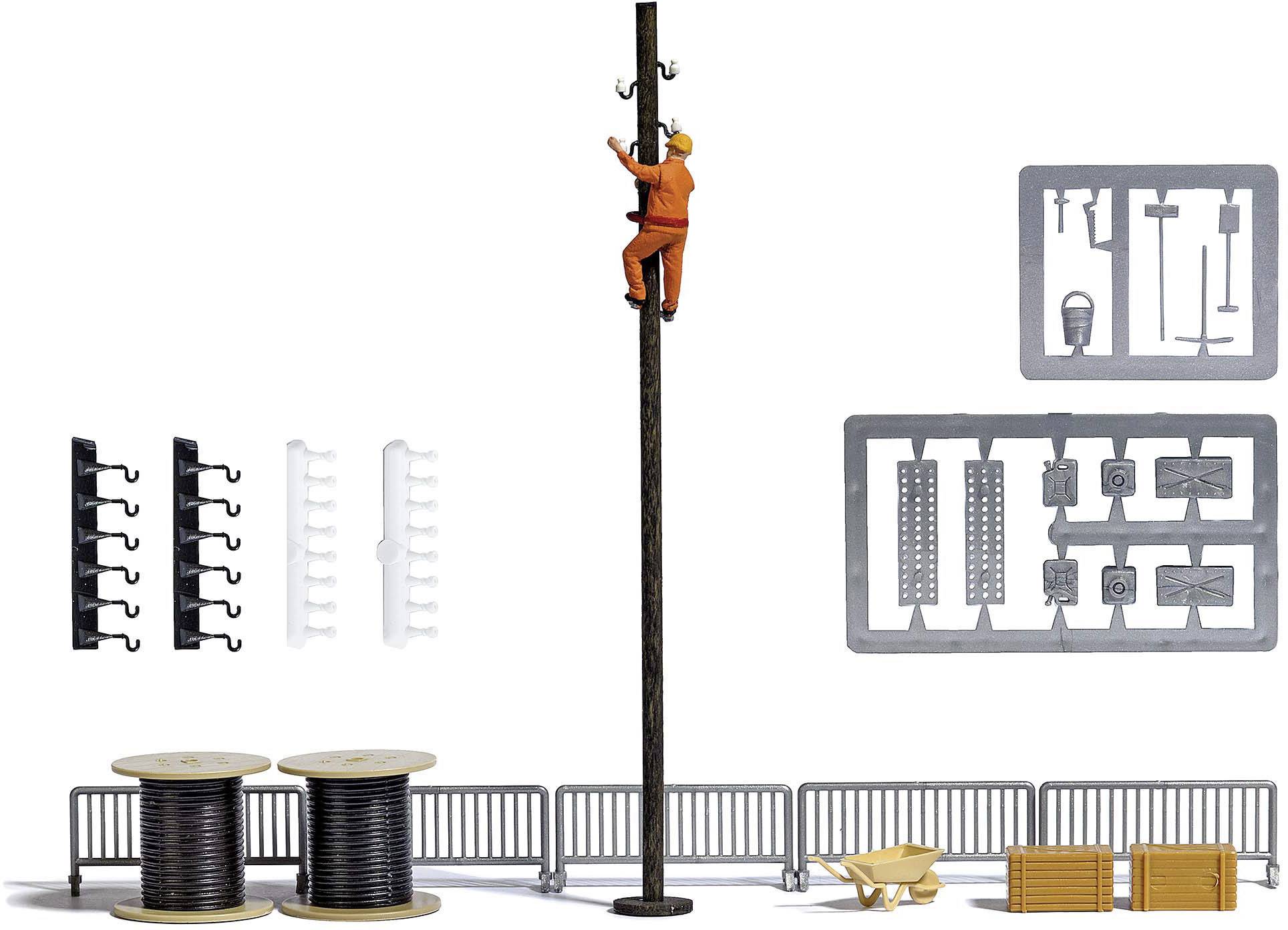 'Worker climbing a telephone pole. Beside him cable reels, barriers and tools. Scene model for model construction.'