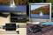 Split-screen: Left side interior view with electronics and television, showing a sailing boat; right side exterior view with television, showing the same boat.