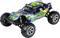 A colourfully designed remote-controlled car with large, chunky tyres, designed for off-road driving.