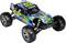 A remote-controlled car with a colourful blue-green design and large tyres, suitable for off-road driving.
