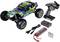 Remote-controlled car set with colourful off-road vehicle, remote control, rechargeable battery, charger, and batteries. Ready for outdoor terrain use.